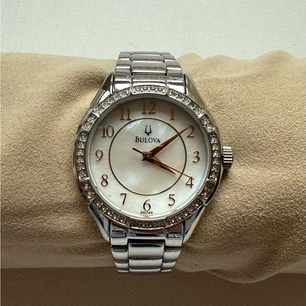 Bulova Silver Tone Bracelet Watch with Mother-of-Pearl Dial